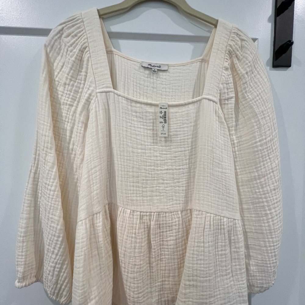 Madewell Lightspun Millbrook Puff-Sleeve Peplum Top in Creme Size Small NWT
